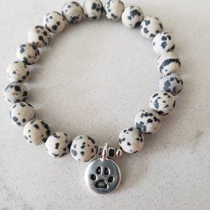 Beaded Dalmation Jasper Stretch Bracelet with Silver Paw Charm